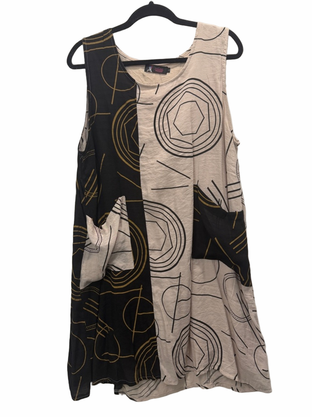 Sleeveless Two-Tone Black and Beige Midi Dress with Geometric Print